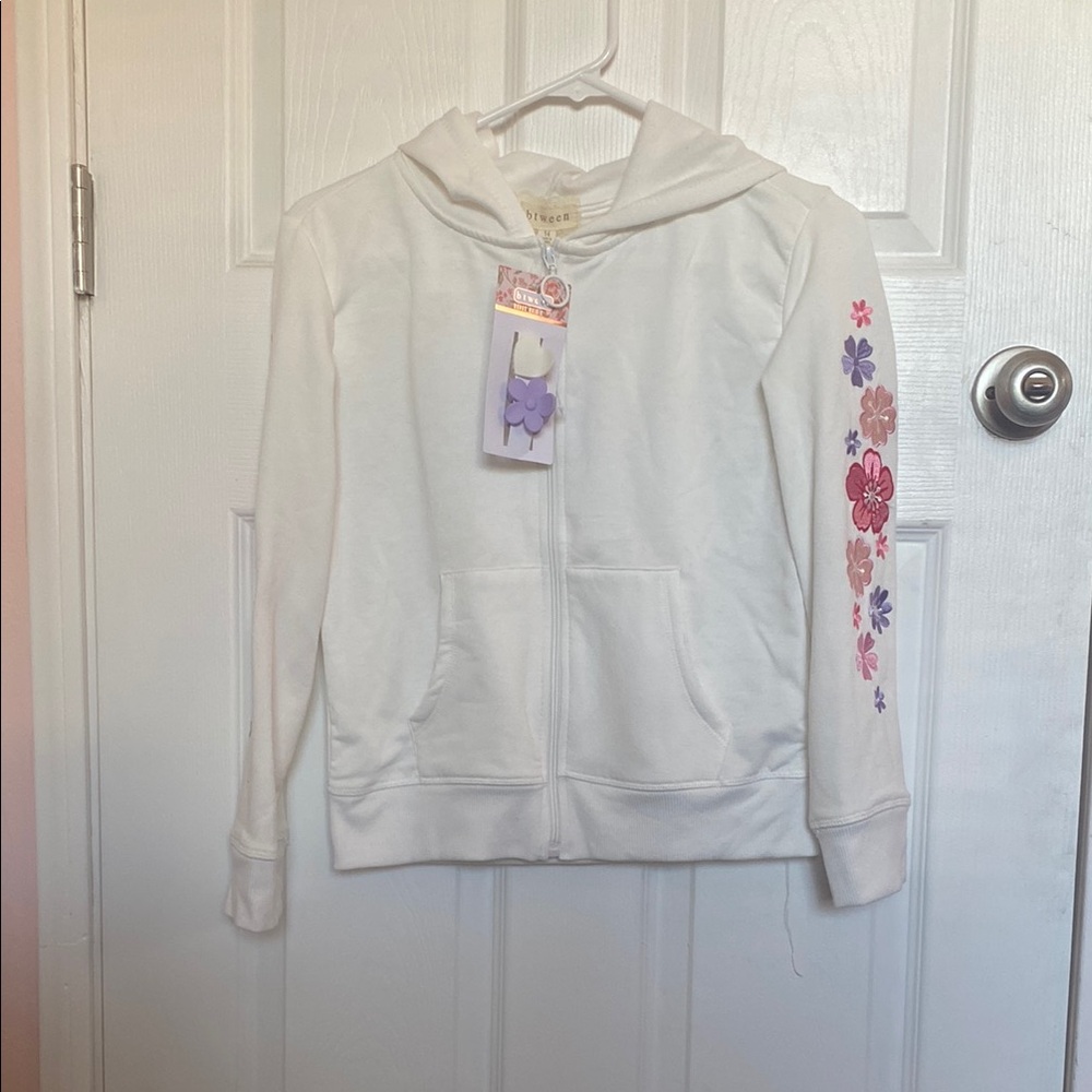 NWT Girls White Hoodie with Floral Sleeve Design
